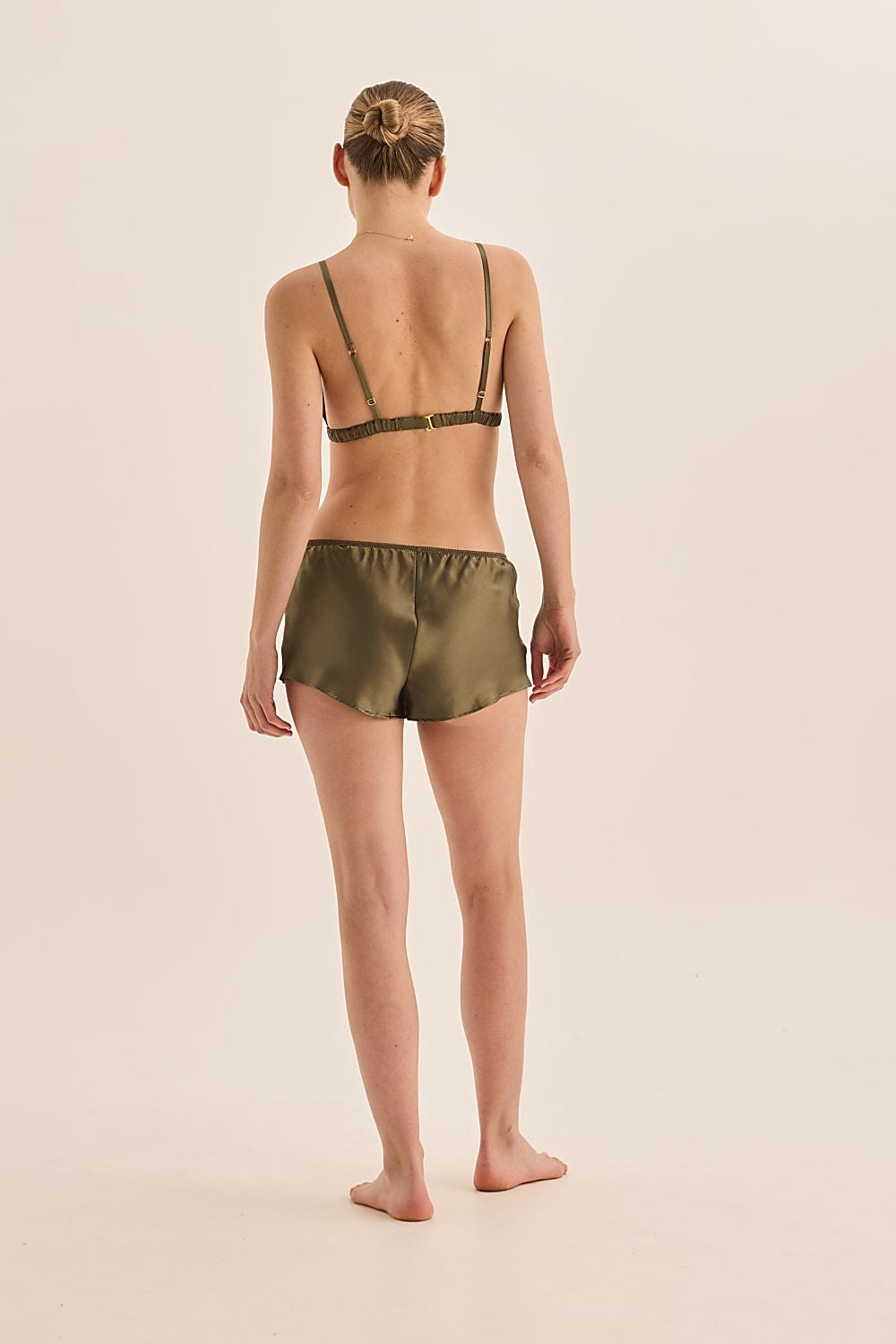 Opal Pure Silk Olive Bra with Lace and Short Set | Gingerlilly Sleepwear