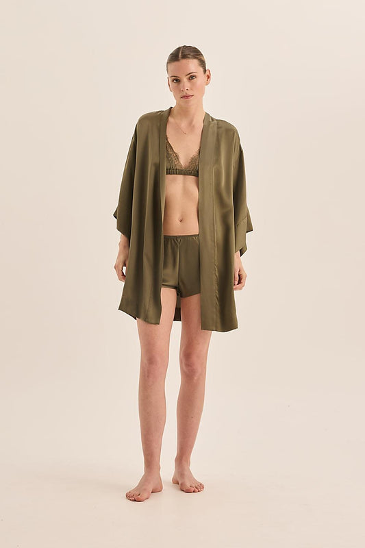 Opal Pure Silk Olive Bra with Lace and Short Set | Gingerlilly Sleepwear