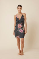 Gingerlilly Piper Floral Silky Satin Nightie - Black - Front