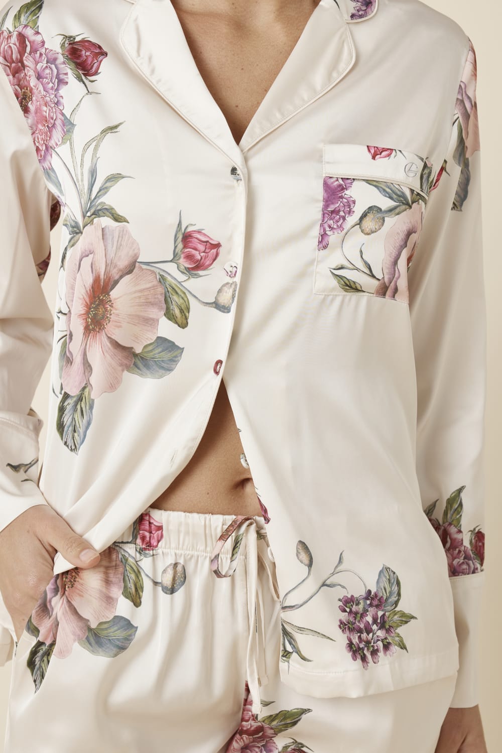Floral Ruby Floral Satin PJ set Ivory front pyjama top with matching pants on a neutral background