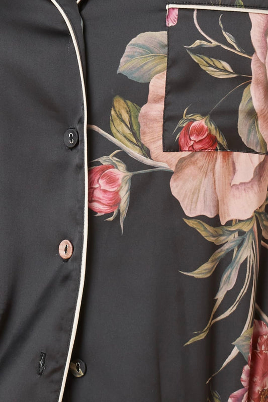 Ruby Floral Satin PJ set black floral pattern with buttons