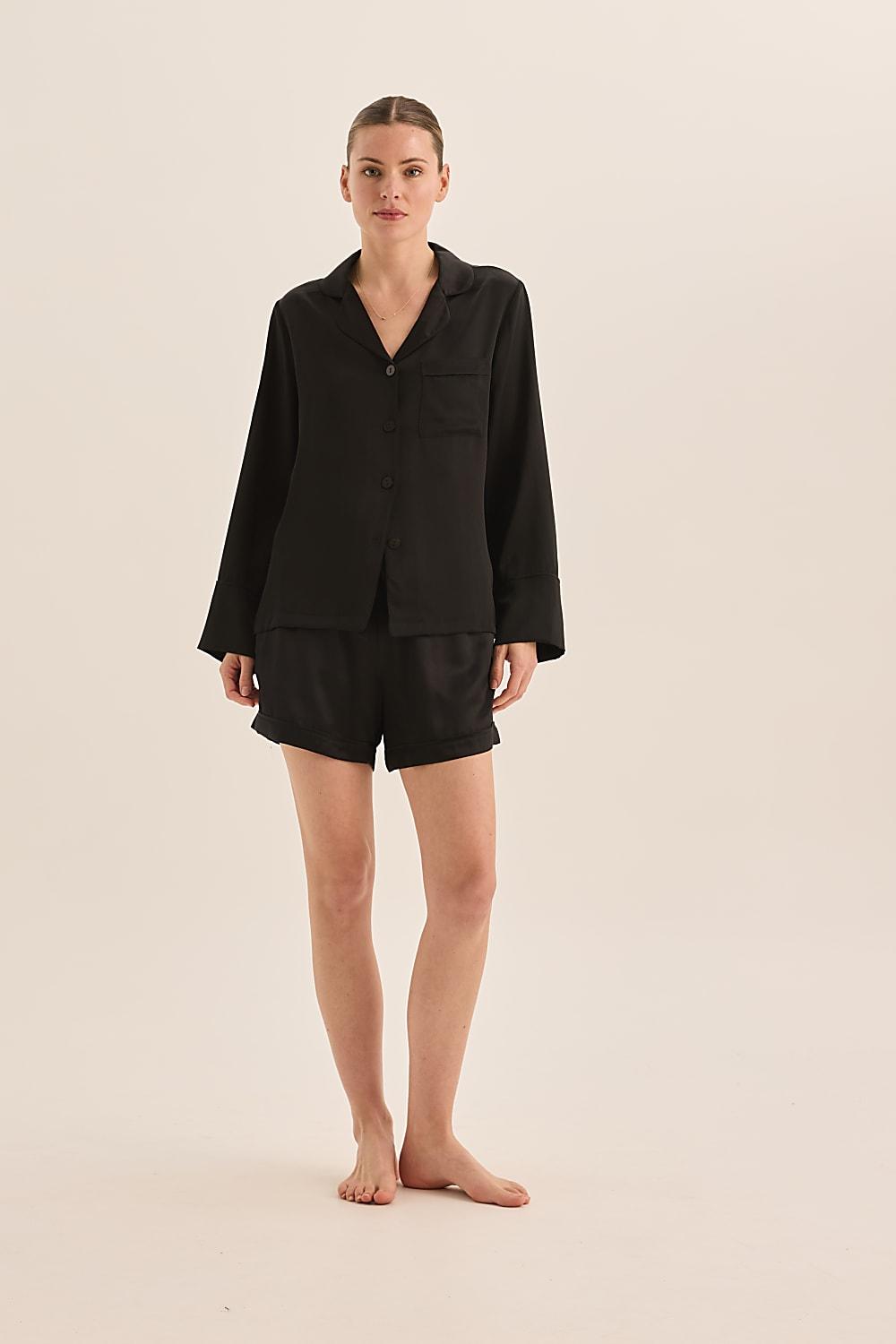 Sapphire Pure Silk Black Long Sleeve Top with Belt and Shorts | Gingerlilly Sleepwear