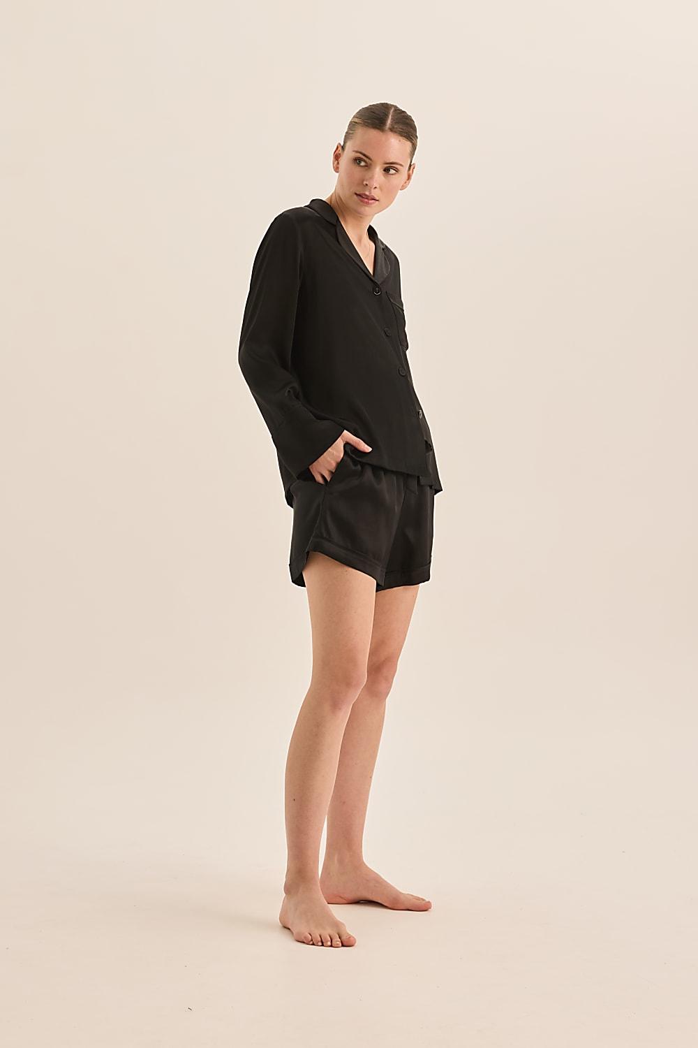 Sapphire Pure Silk Black Long Sleeve Top with Belt and Shorts | Gingerlilly Sleepwear