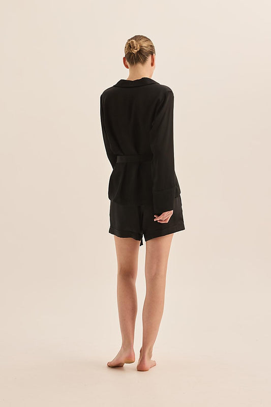 Sapphire Pure Silk Black Long Sleeve Top with Belt and Shorts | Gingerlilly Sleepwear