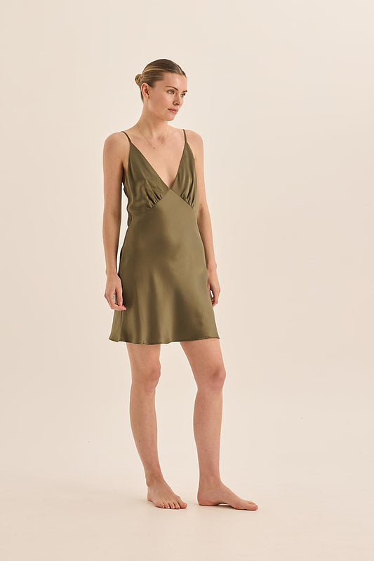 Seraphina Pure Silk Olive Chemise Short | Gingerlilly Sleepwear