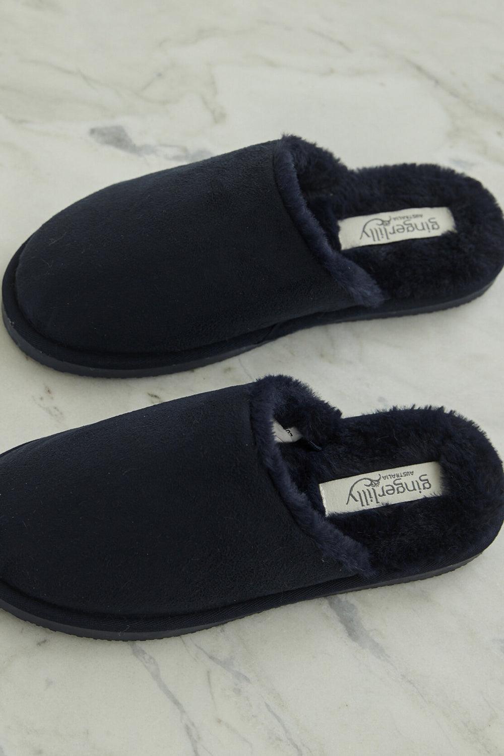 St Moritz Mock Suede Slipper Navy | Gingerlilly Sleepwear