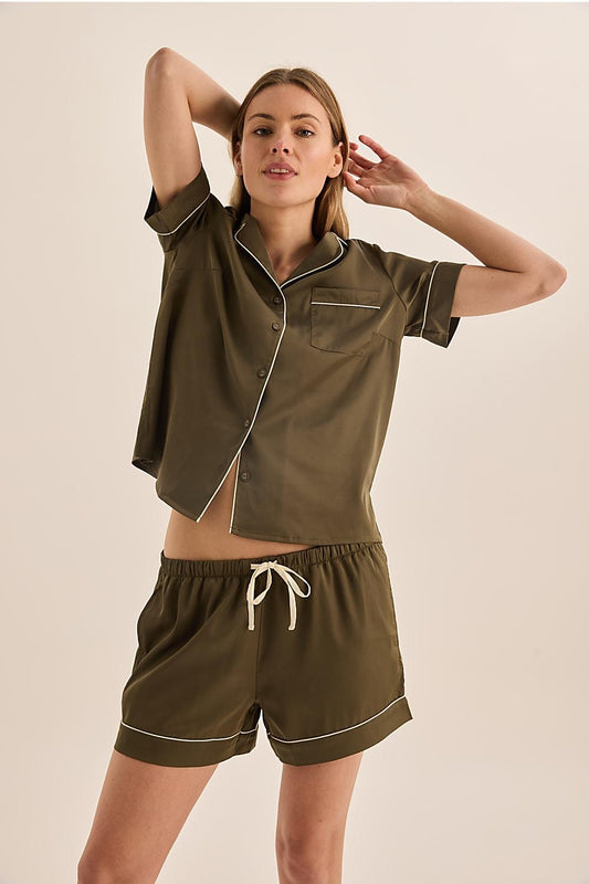 Sonya Olive Satin Short PJ Set | Gingerlilly Sleepwear