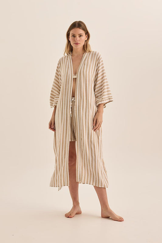 Sunny Natural Stripe Linen Robe | Gingerlilly Sleepwear