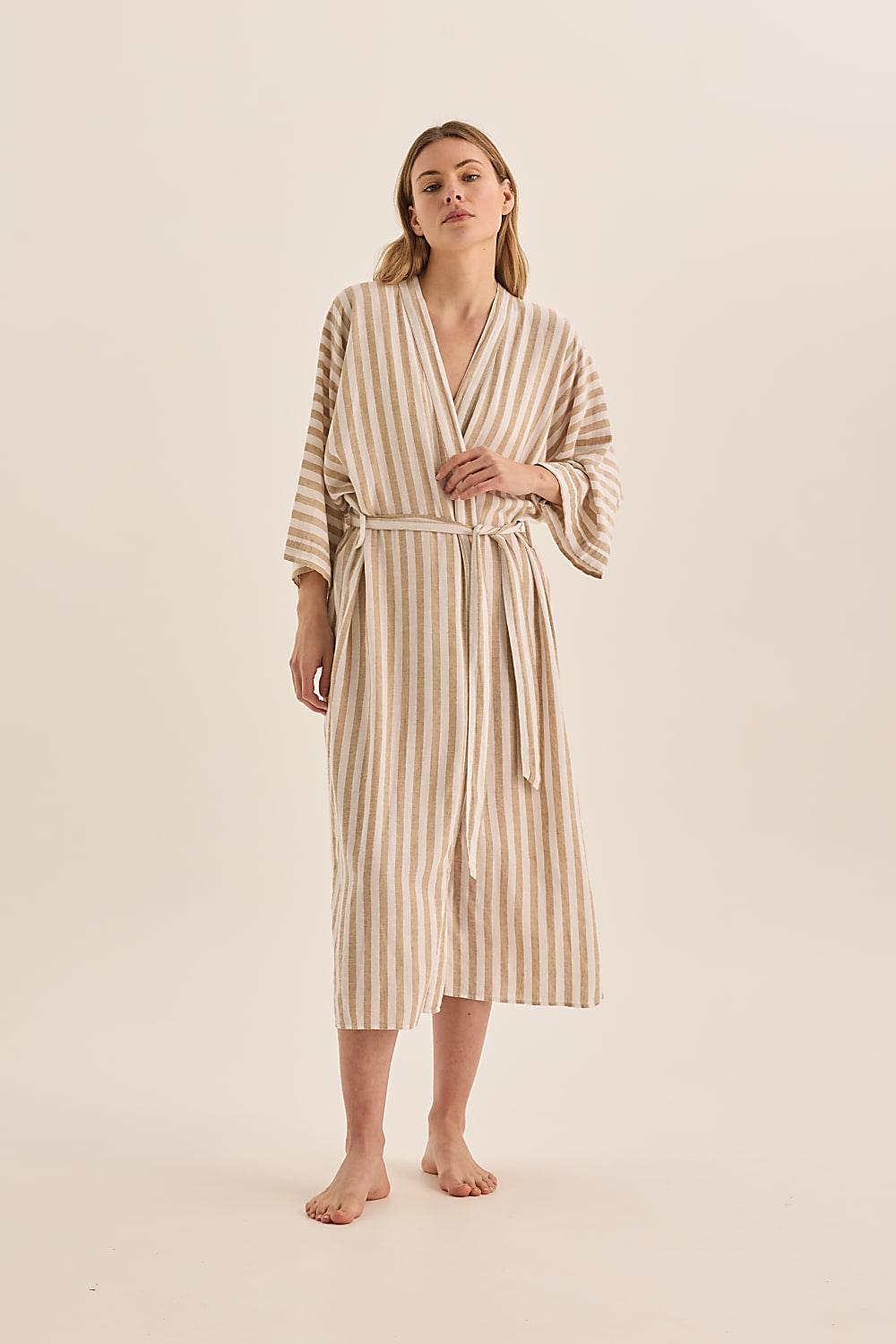 Sunny Natural Stripe Linen Robe | Gingerlilly Sleepwear