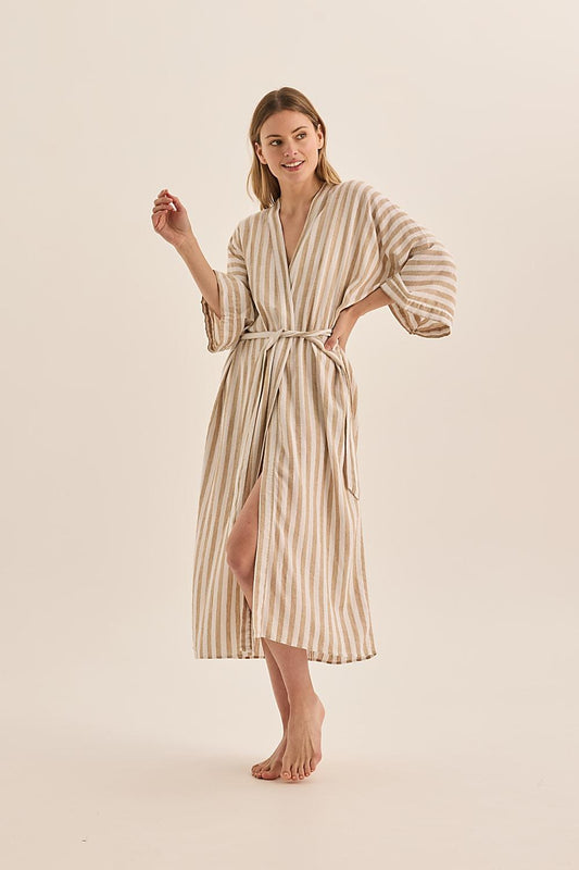 Sunny Natural Stripe Linen Robe | Gingerlilly Sleepwear