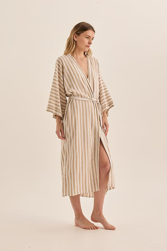 Sunny Natural Stripe Linen Robe | Gingerlilly Sleepwear