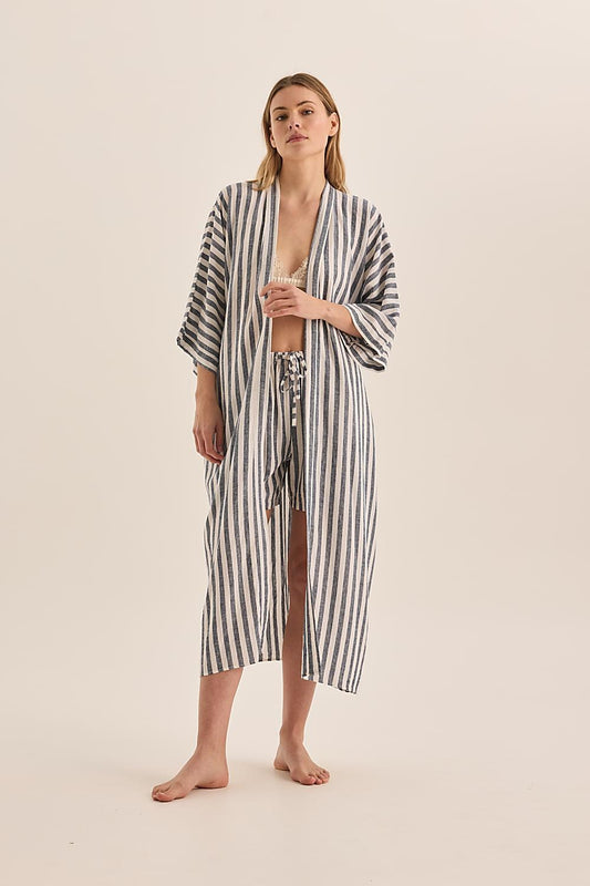 Sunny Navy Stripe Linen Robe | Gingerlilly Sleepwear