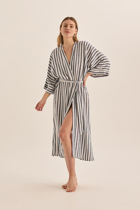 Sunny Navy Stripe Linen Robe | Gingerlilly Sleepwear