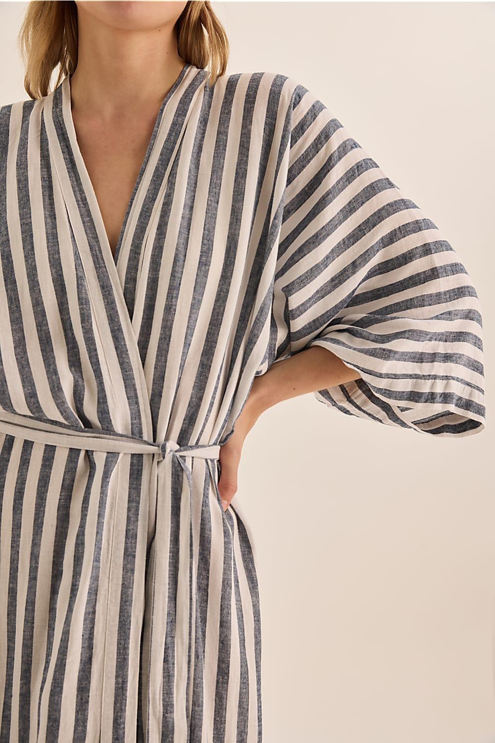 Sunny Navy Stripe Linen Robe | Gingerlilly Sleepwear