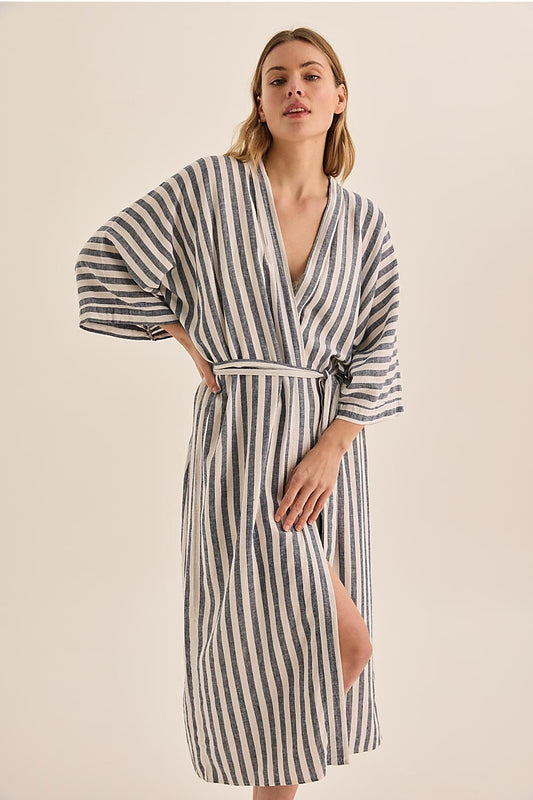 Sunny Navy Stripe Linen Robe | Gingerlilly Sleepwear