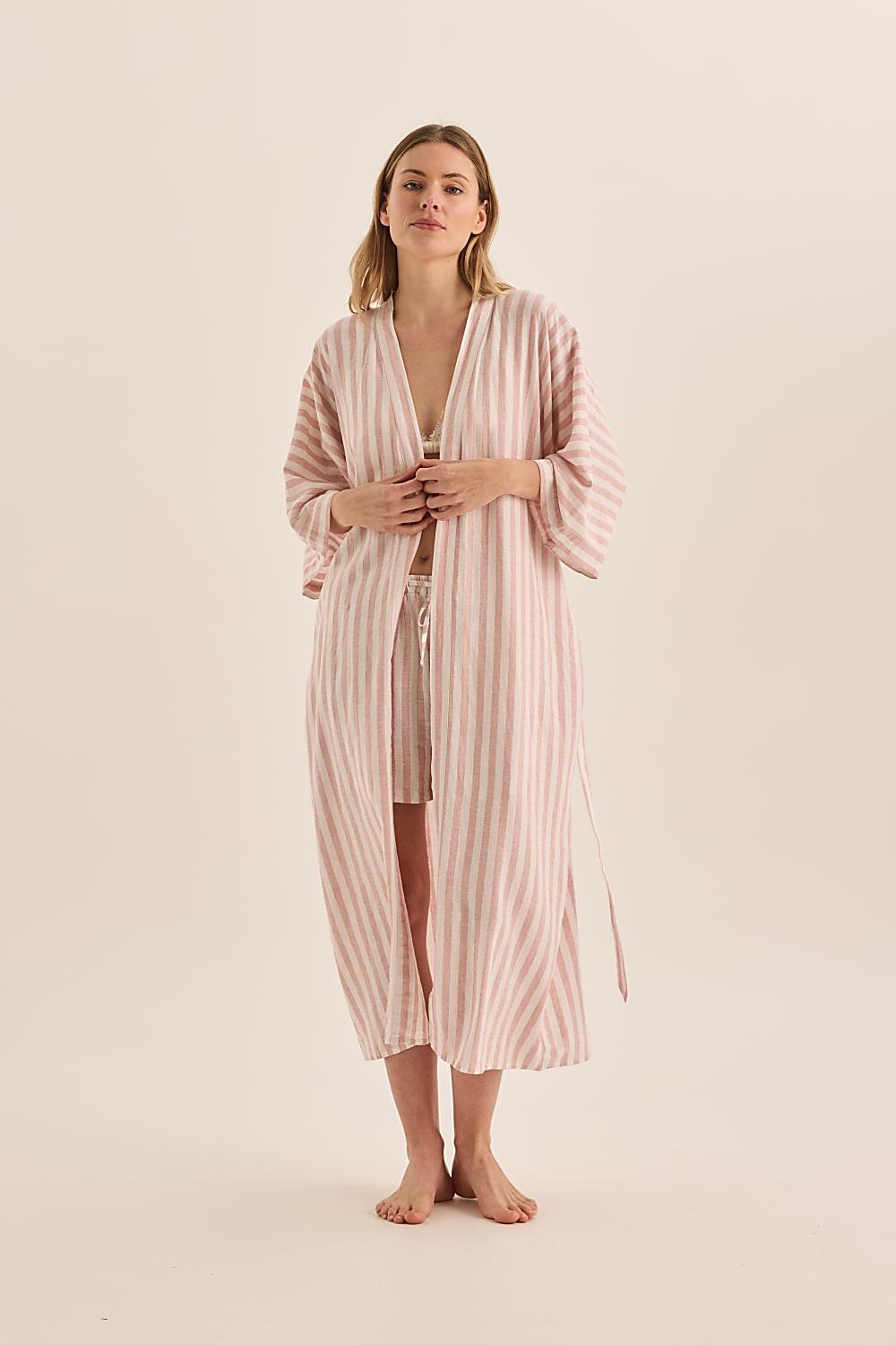 Sunny Pink Stripe Linen Robe | Gingerlilly Sleepwear