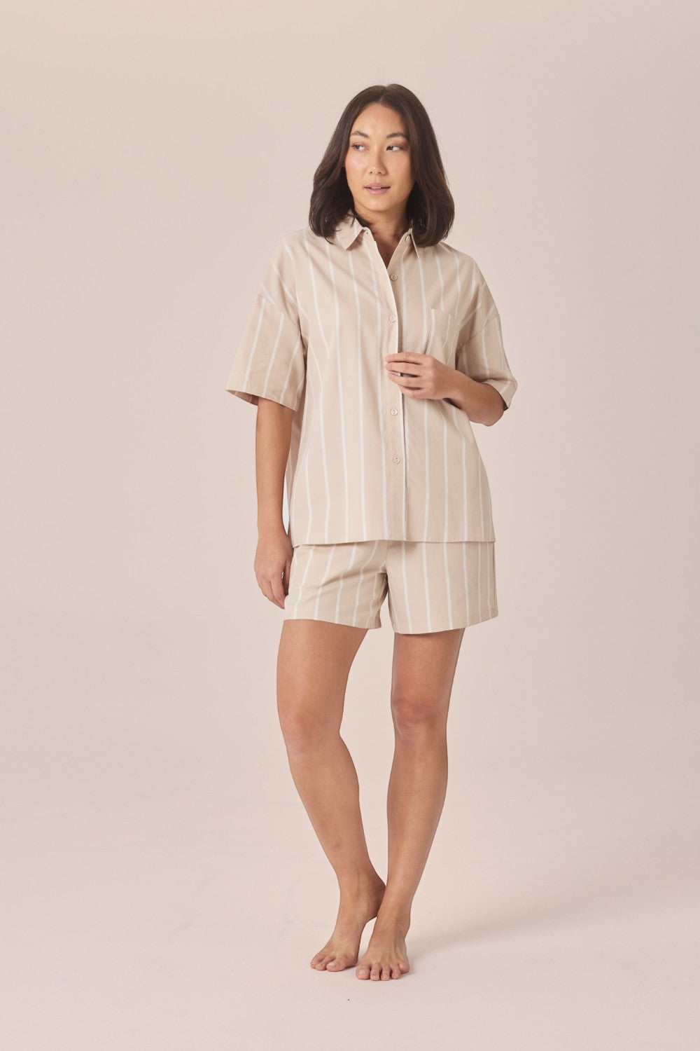 Gingerlilly Sasha Striped Boyfriend Short PJ Set in Beige