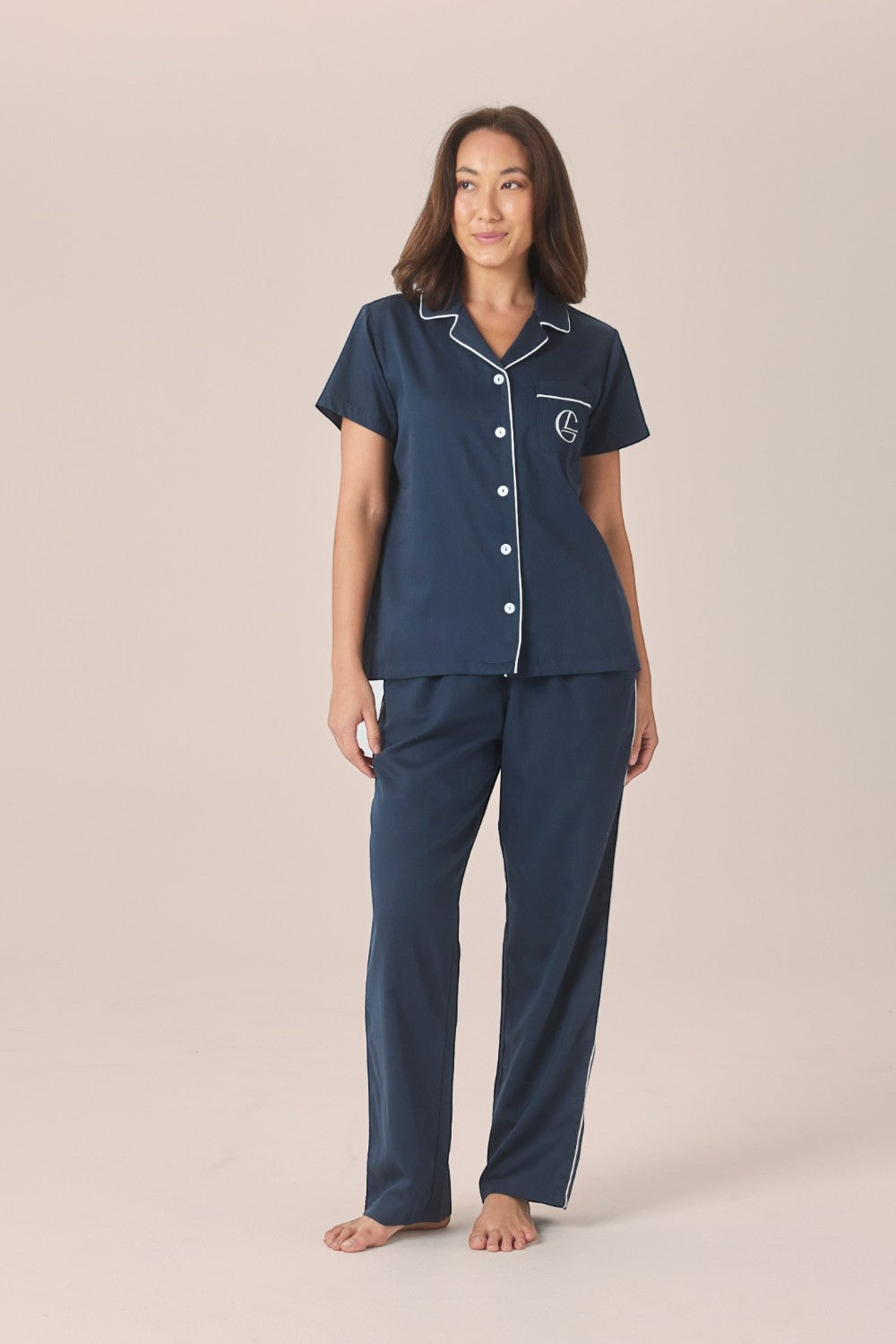 Gingerlilly Camilla Cotton Short Sleeve Long Pant PJ Set - Navy - Front