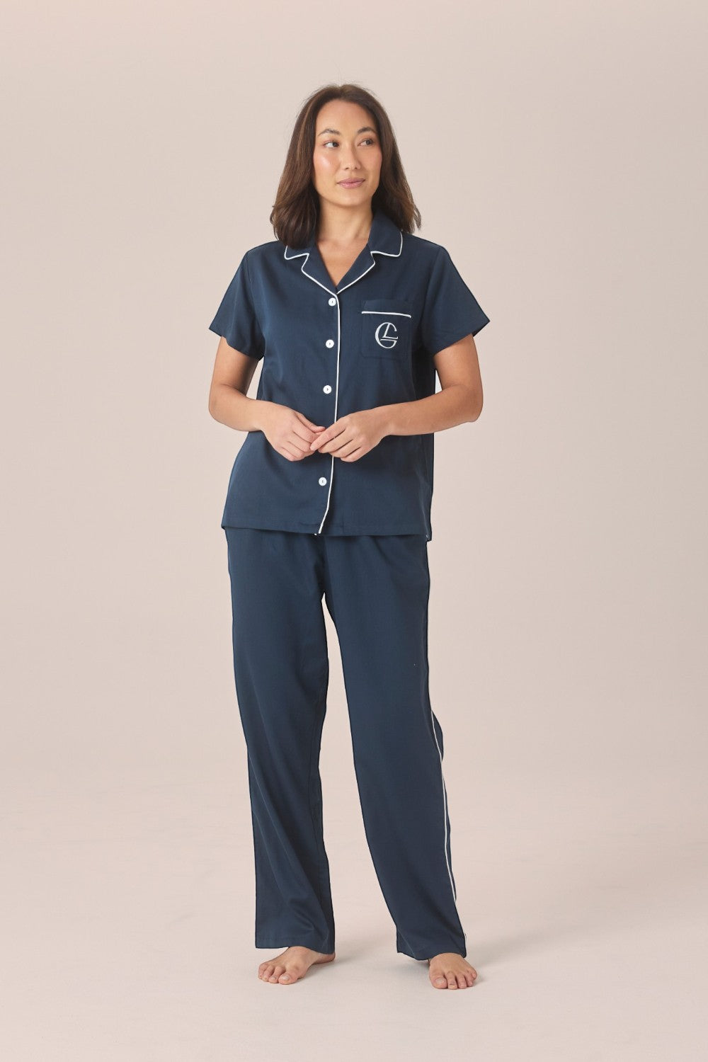 Gingerlilly Camilla Cotton Short Sleeve Long Pant PJ Set - Navy - Front alt