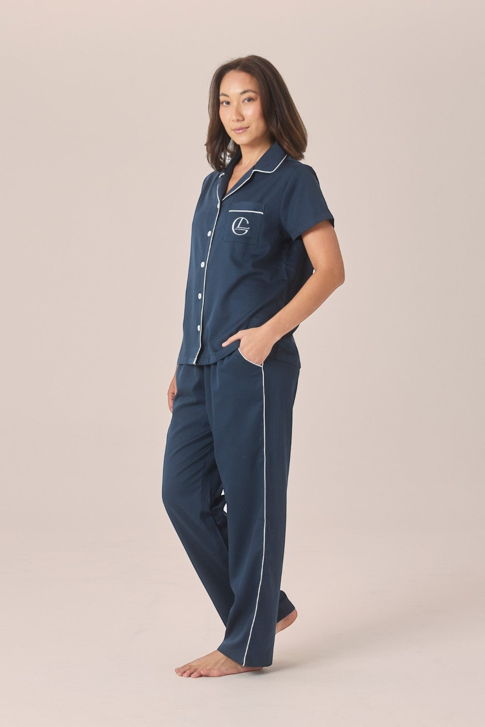 Gingerlilly Camilla Cotton Short Sleeve Long Pant PJ Set - Navy - Side