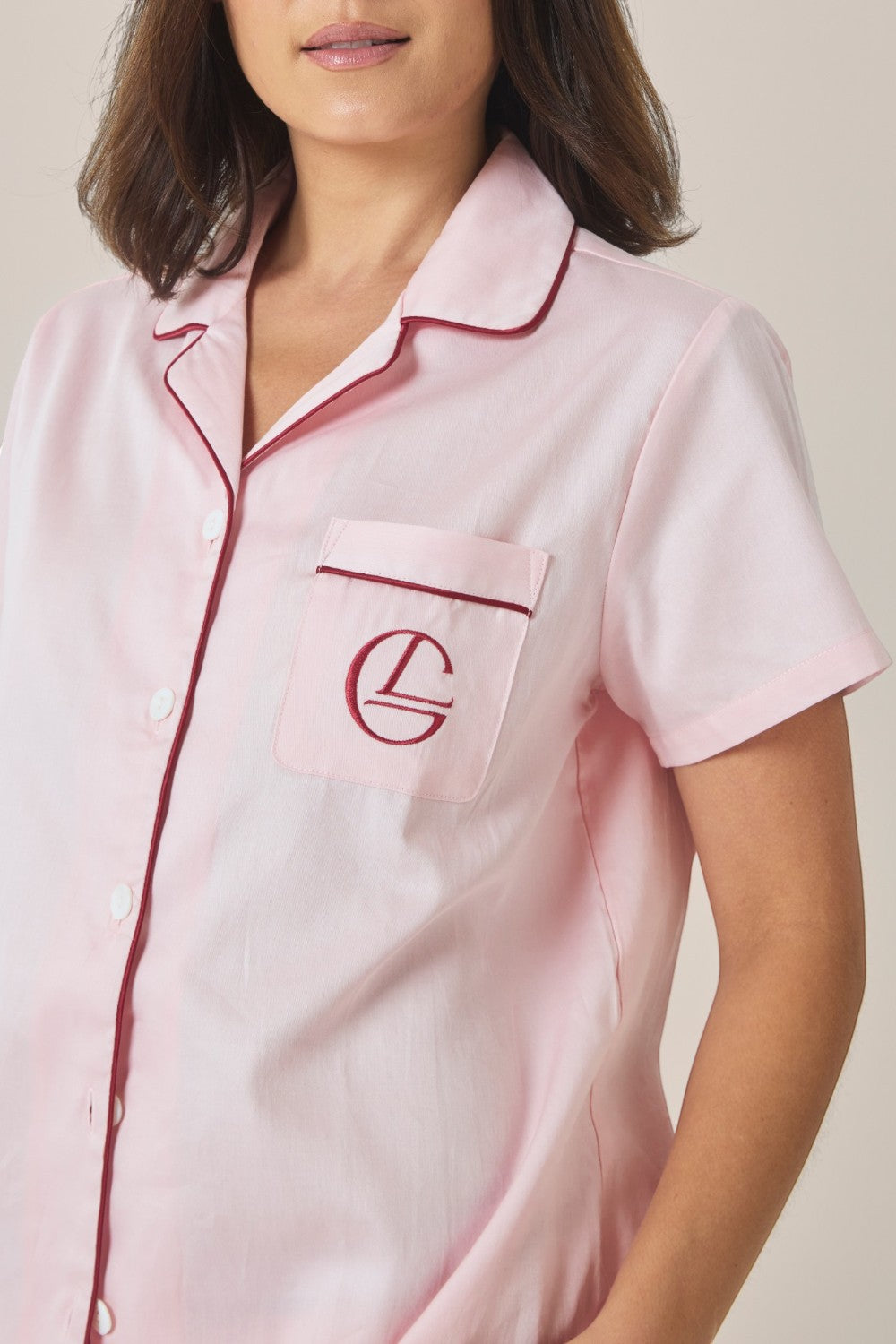Gingerlilly Camilla Cotton Short Sleeve Long Pant PJ Set - Pink - Detail