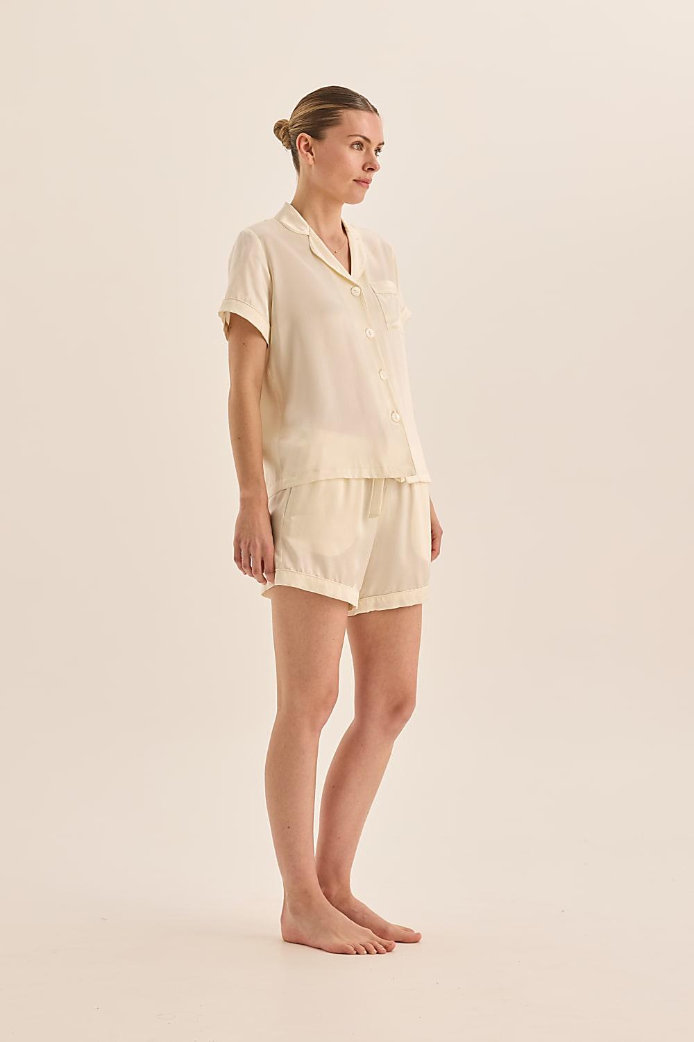 Topaz Pure Silk Ivory Short Sleeve Top and Shorts PJ Set | Gingerlilly Sleepwear