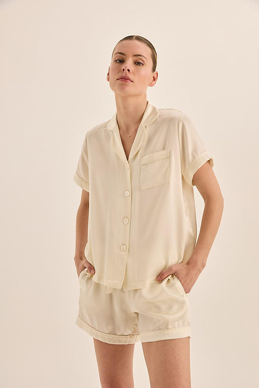 Topaz Pure Silk Ivory Short Sleeve Top and Shorts PJ Set | Gingerlilly Sleepwear