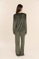 Thea Velour Long Lounge Set Olive back view showing the relaxed silhouette and full length wide leg velour lounge pants.