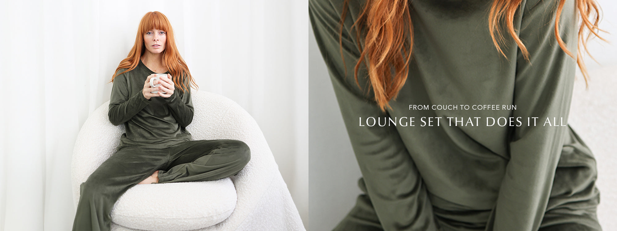 women wearing the beautiful thea velour olive pyjama set holding a coffee in her hands.