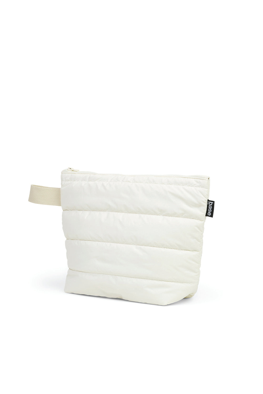 Ecru quilted zip pouch bag with handle, base tag, product photography, Gingerlilly Sleepwear