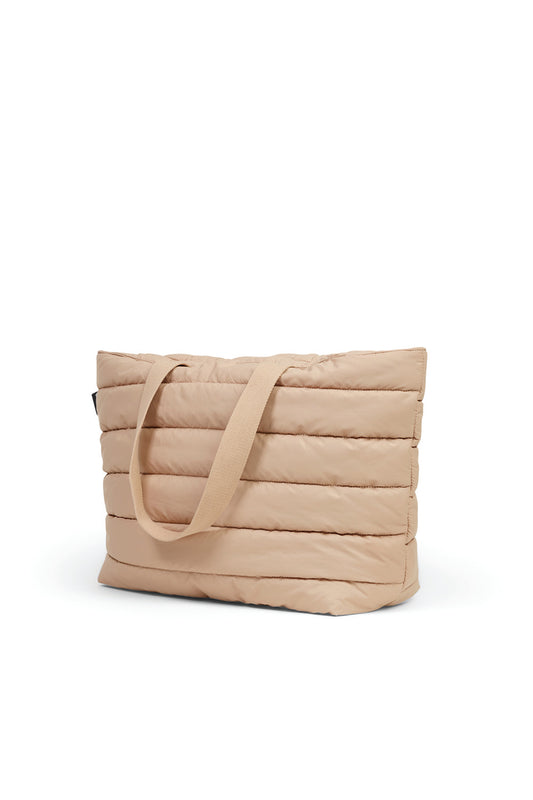 Beige quilted tote bag with padded horizontal panels and long handles, Gingerlilly Sleepwear