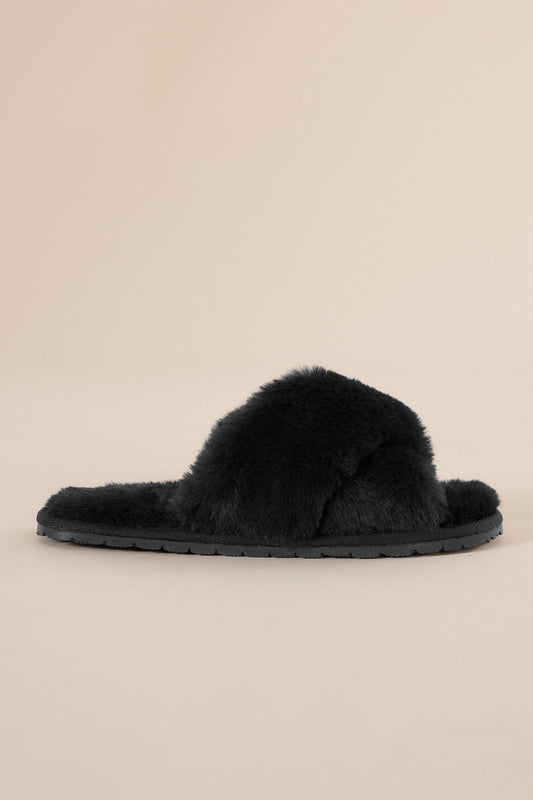 Plush Slippers in Black | Gingerlilly faux fur Open-Toe Slippers