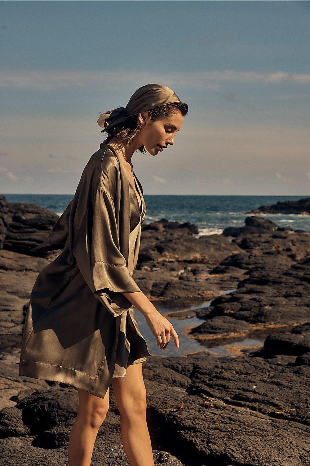 Gingerlilly Diamond Pure Silk Olive Short Robe - Lifestyle