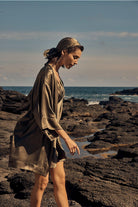 Gingerlilly Diamond Pure Silk Olive Short Robe - Lifestyle