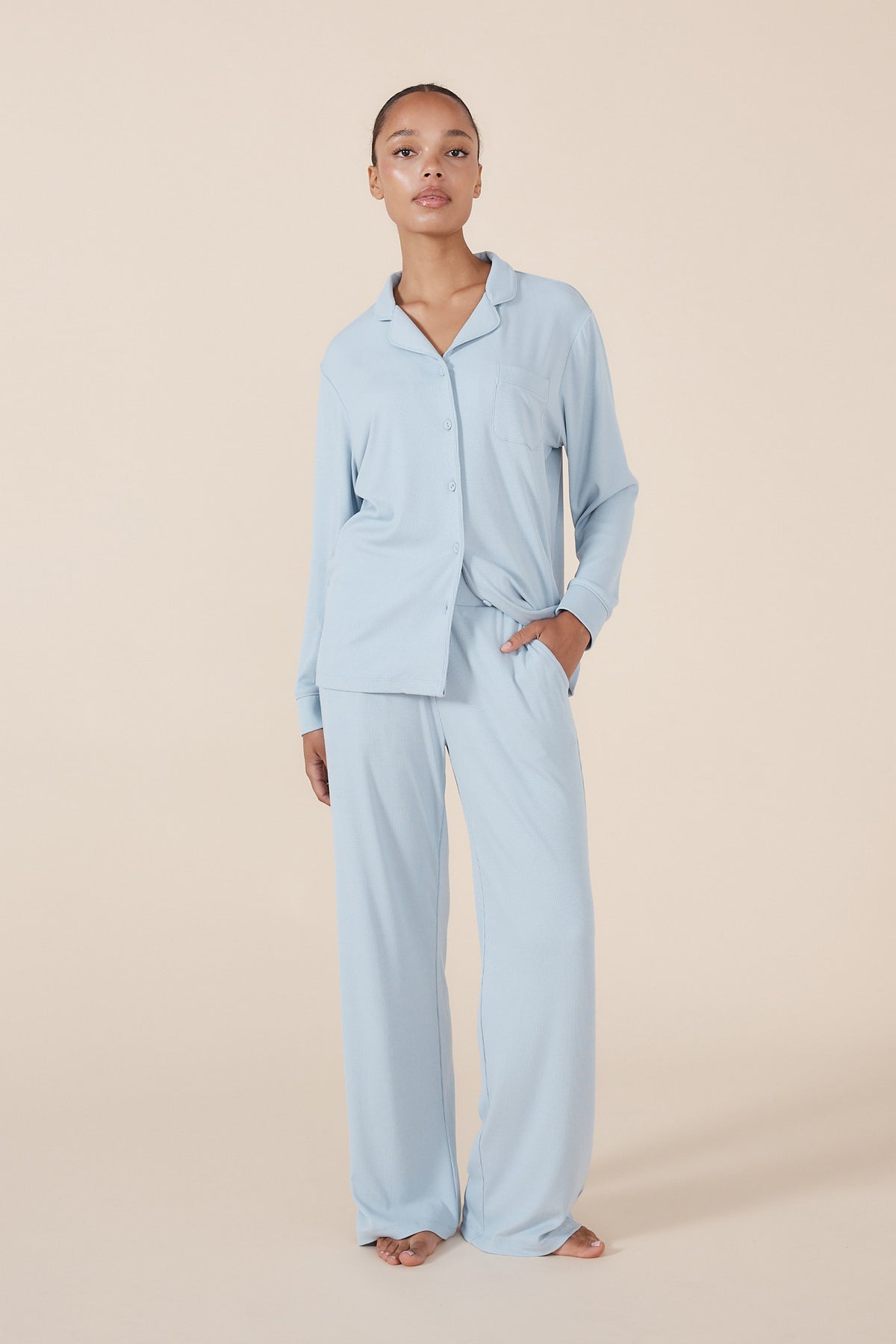 Gingerlilly Emilia Ribbed Lounge PJ Set - Powder Blue - Front