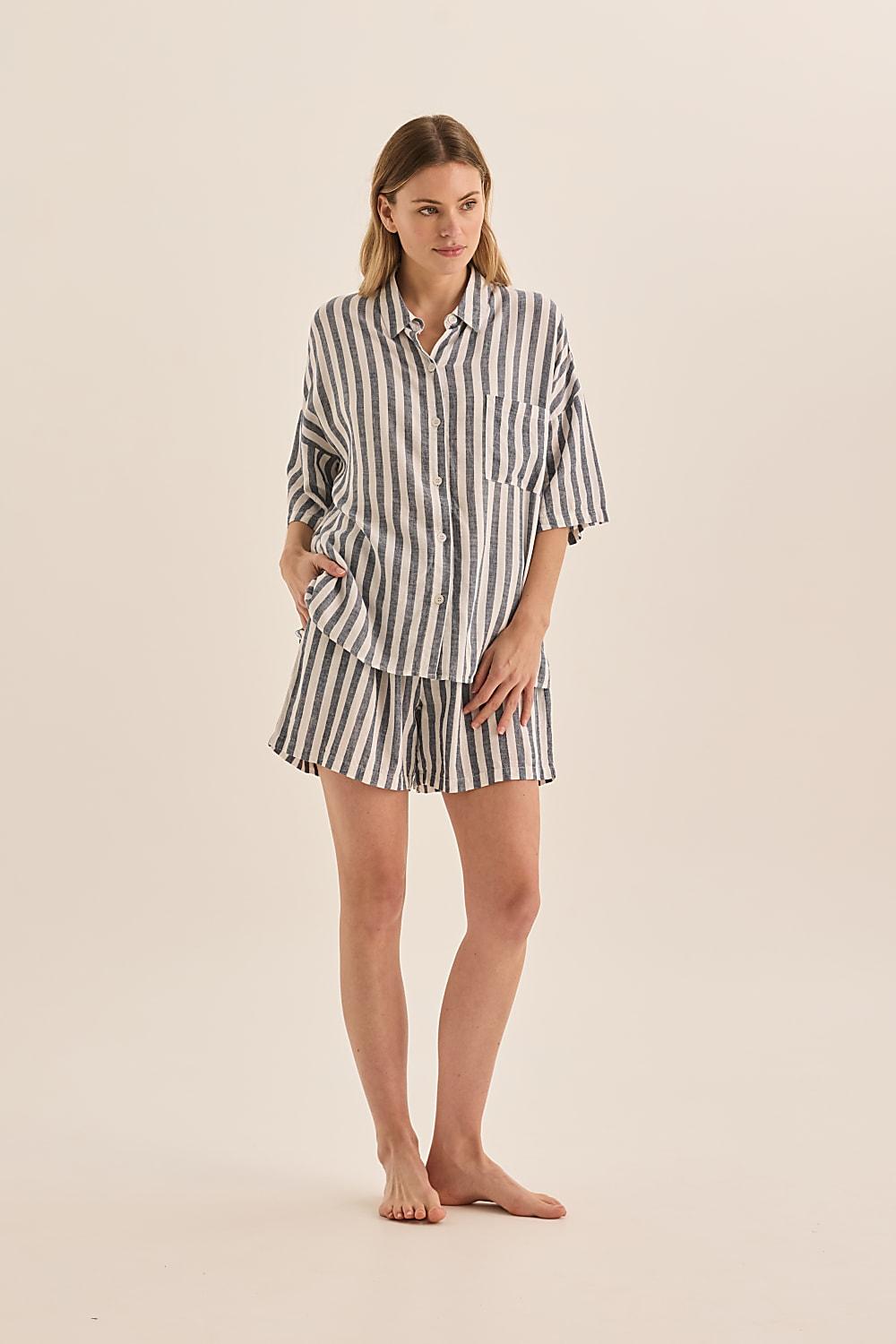 Evie Navy Stripe Linen Short Set - Gingerlilly Sleepwear