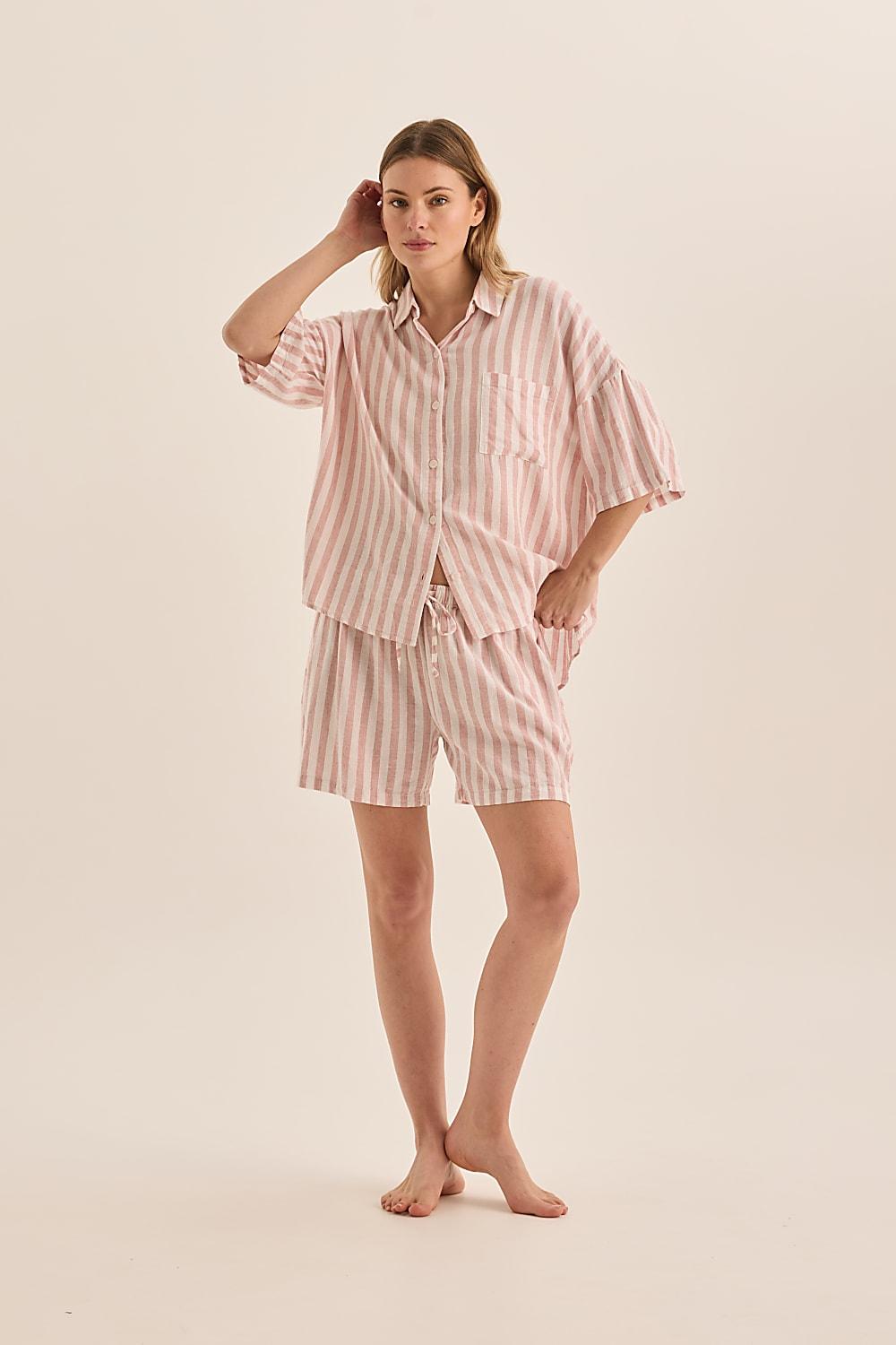 Evie Pink Stripe Linen Short Set - Gingerlilly Sleepwear