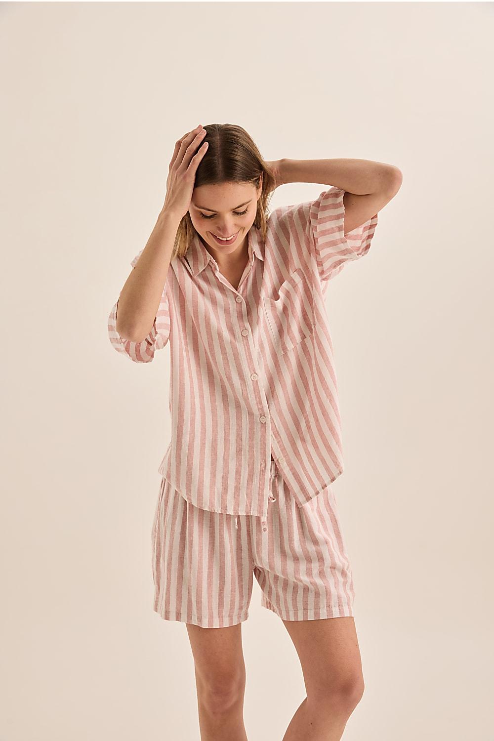 Evie Pink Stripe Linen Short Set - Gingerlilly Sleepwear