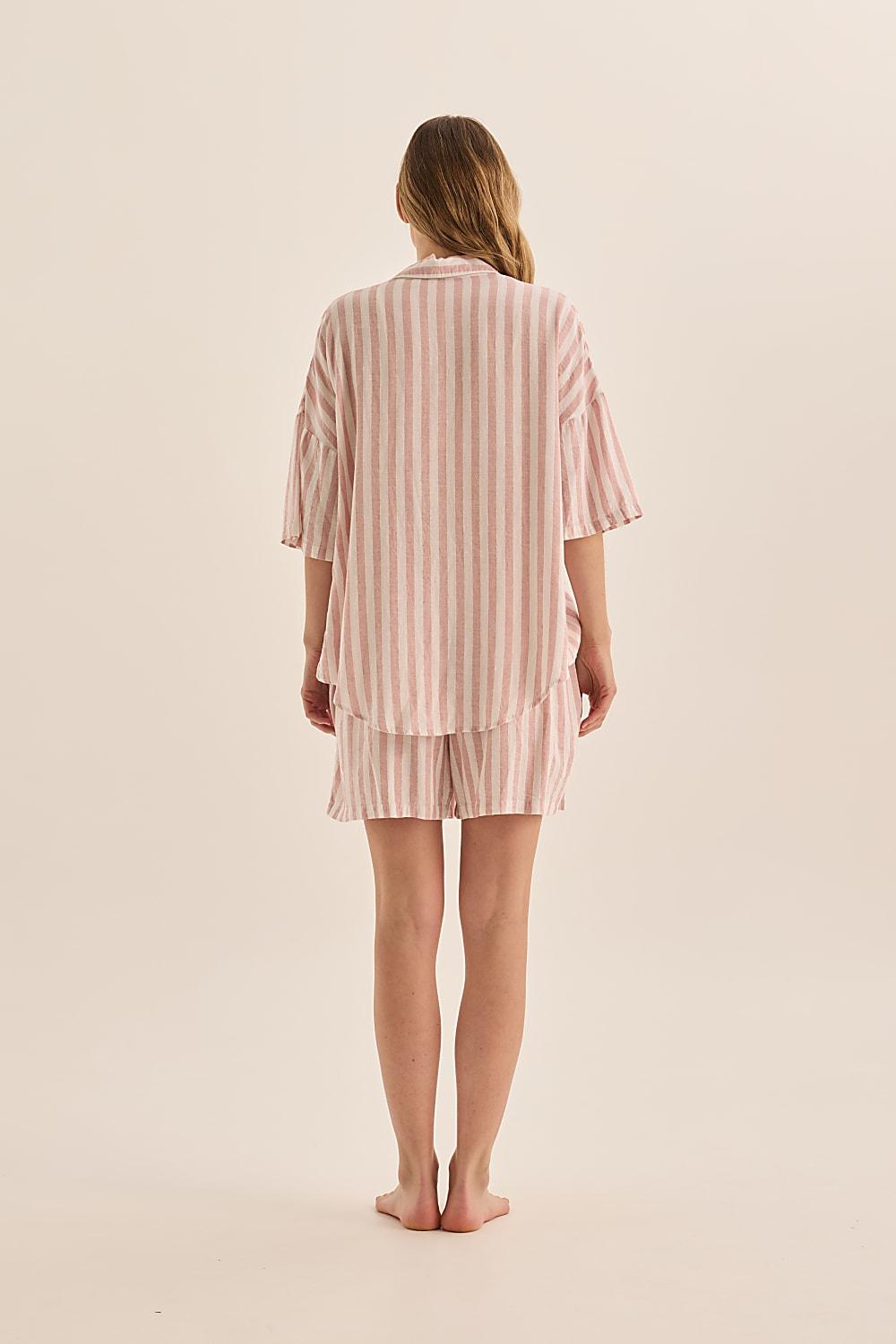 Evie Pink Stripe Linen Short Set - Gingerlilly Sleepwear