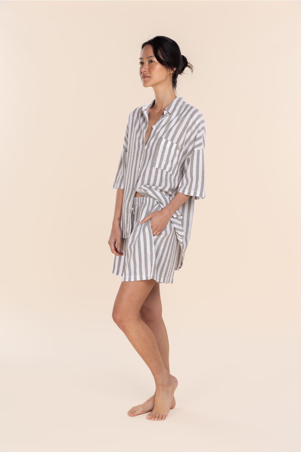 Gingerlilly Evie Olive Stripe Linen Short Set - Side