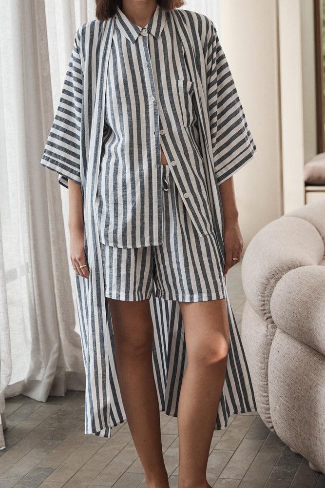 Sunny Navy Stripe Linen Robe | Gingerlilly Sleepwear