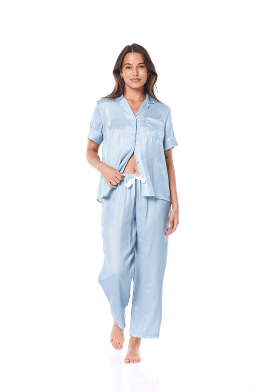 Aileen Blue Satin Crop Pant PJ | Gingerlilly Sleepwear