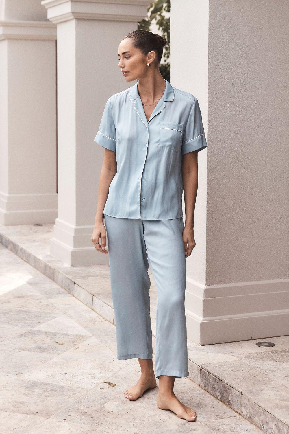 Aileen Blue Satin Crop Pant PJ | Gingerlilly Sleepwear