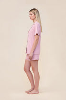 Woman wearing the Allegra Short Bamboo PJ Set in Pink, side view