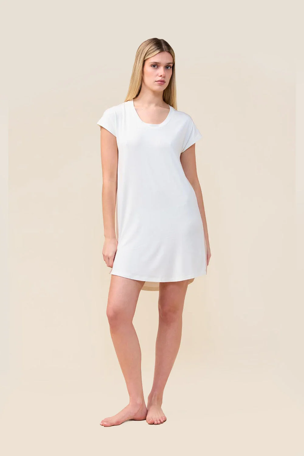 Woman wearing the Ashley Bamboo Sleep Tee in Ecru, front view