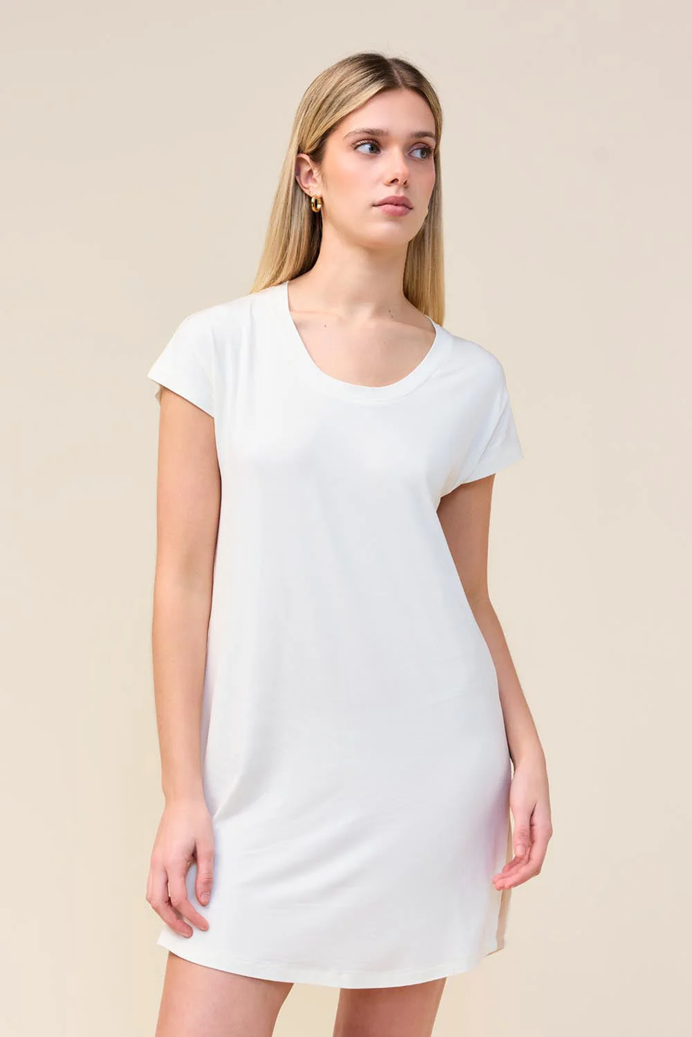 Woman wearing the Ashley Bamboo Sleep Tee in Ecru, close front view