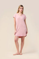 Woman wearing the Ashley Bamboo Sleep Tee in Pink, front view
