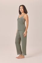 Woman wearing the Britt Bamboo Lace Cami Long PJ Set in Olive, front view