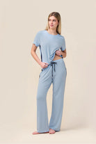 Woman wearing the Inez Bamboo Pant with Stripe in Blue, front view