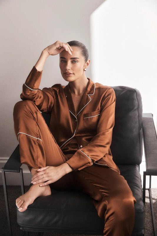 Titiana Brown Satin Long PJ | Gingerlilly Sleepwear